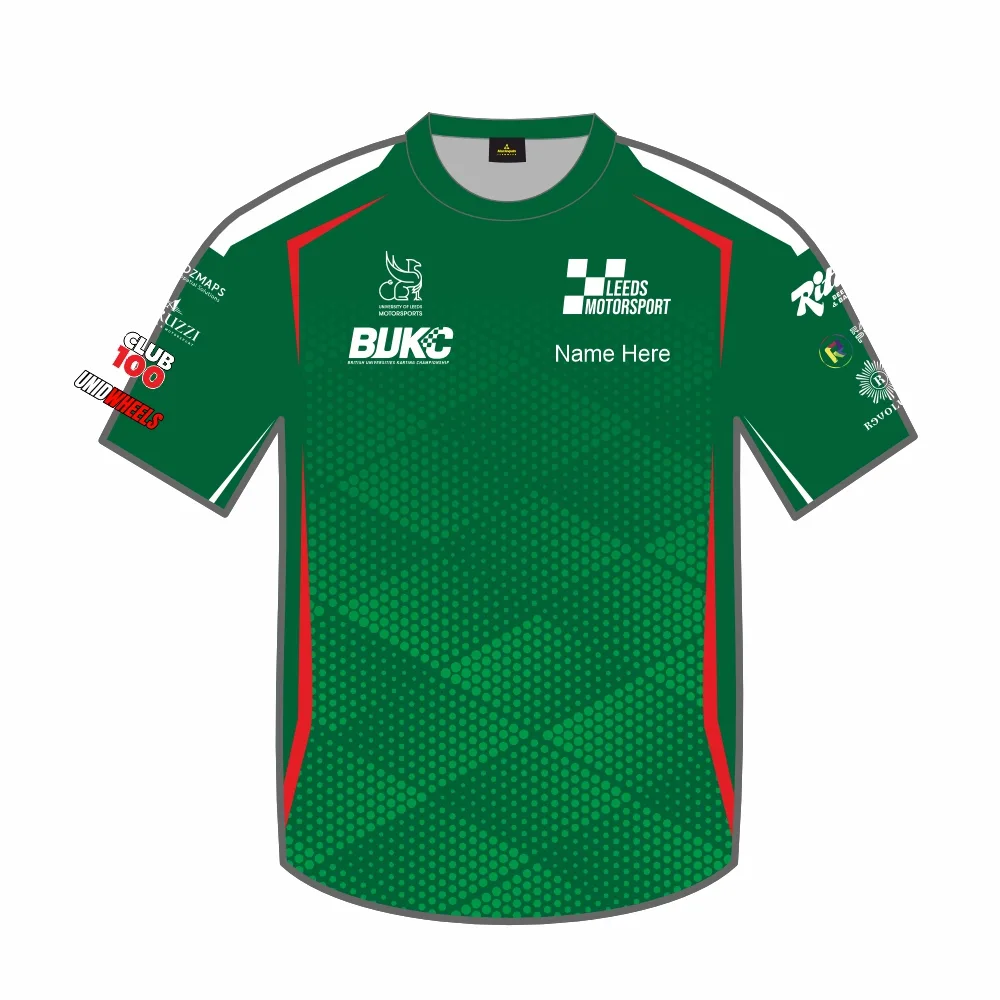 Leeds Motorsport BUKC team jersey in racing green with red stripes
